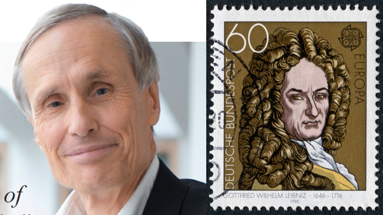 Vortragender Christoph Cremer und sein Vorgänger Gottfried Wilhelm Leibniz, Entdecker des binären Zahlensystems, Grundlage für die moderne Computertechnologie