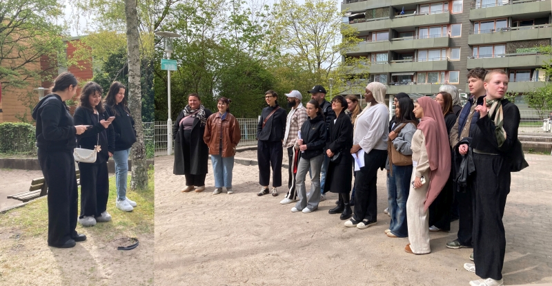 Projektbeteiligte und Mitlaufende hören den Sprecherinnen des Jane’s Walk (l.) vor der ersten Station Emmertsgrundpassage 1 zu. In der Mitte Sozialbürgermeisterin Stefanie Jansen (schwarzer Mantel). Bildmontage: hhh